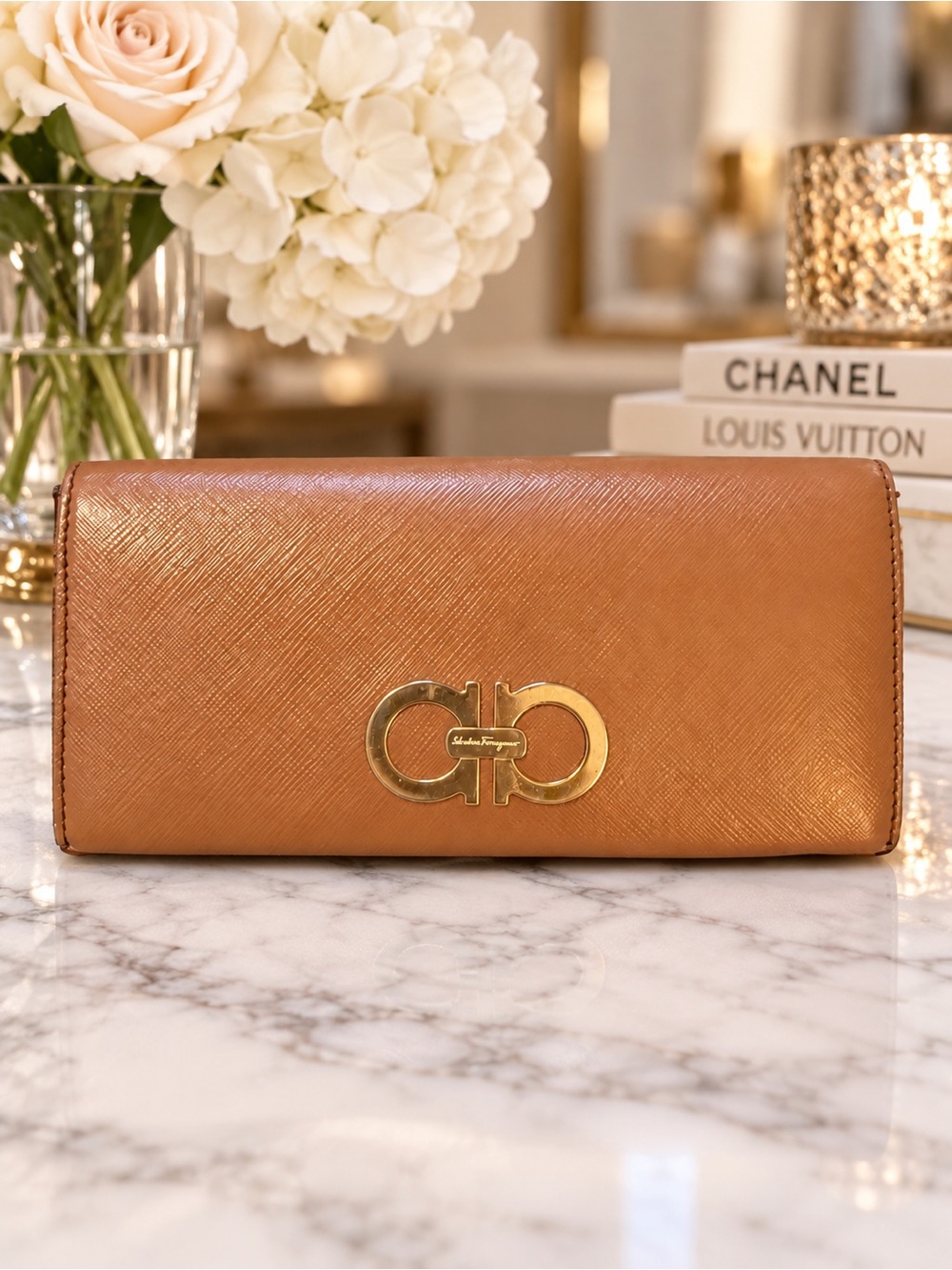 Vintage Salvatore Ferragamo Tan Leather Gancini Clutch
